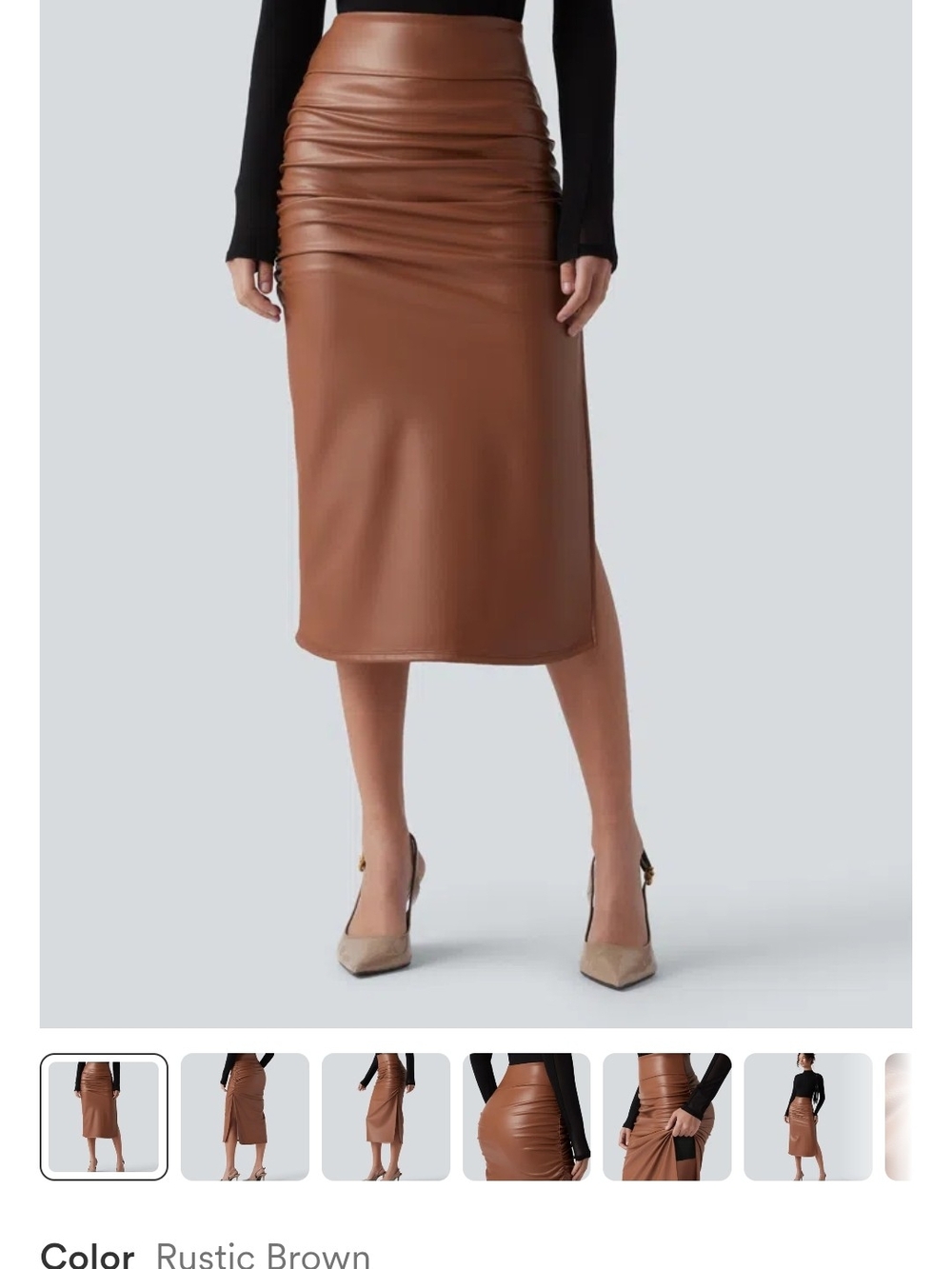 HALARA Rustic Brown Faux-Leather Ruched Midi Skirt